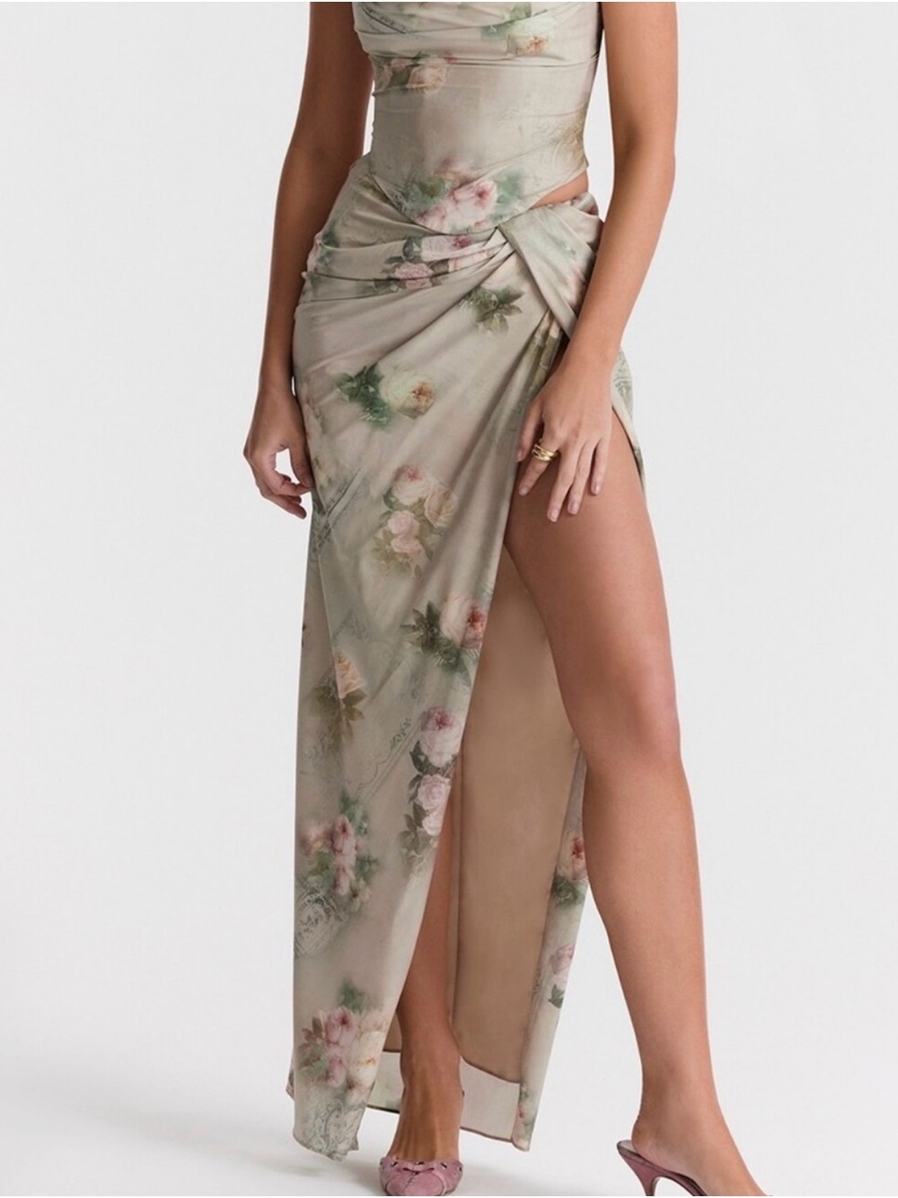 House of CB Floral High-Slit Wrap Maxi Skirt in Sage